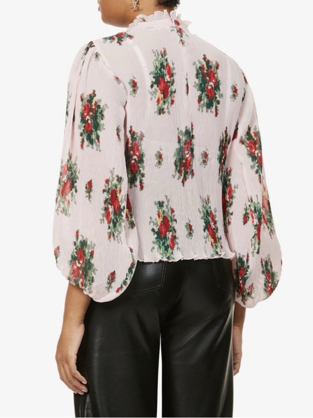 Ganni Pink Floral Ruffle Mock Neck feminine georgette bohemian balloon sleeve co - Picture 4 of 9